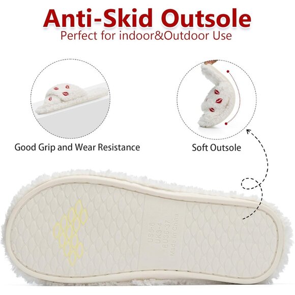 ⚡Women’s White Red Lips Faux Fur Cozy Fuzzy Cross Band Slippers House Shoes - Picture 5 of 6